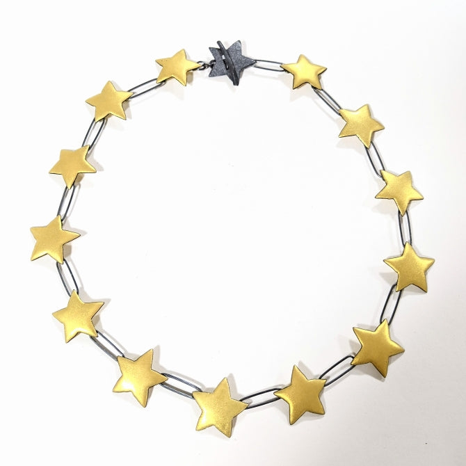 gold enamel multi star necklace with silver clasp