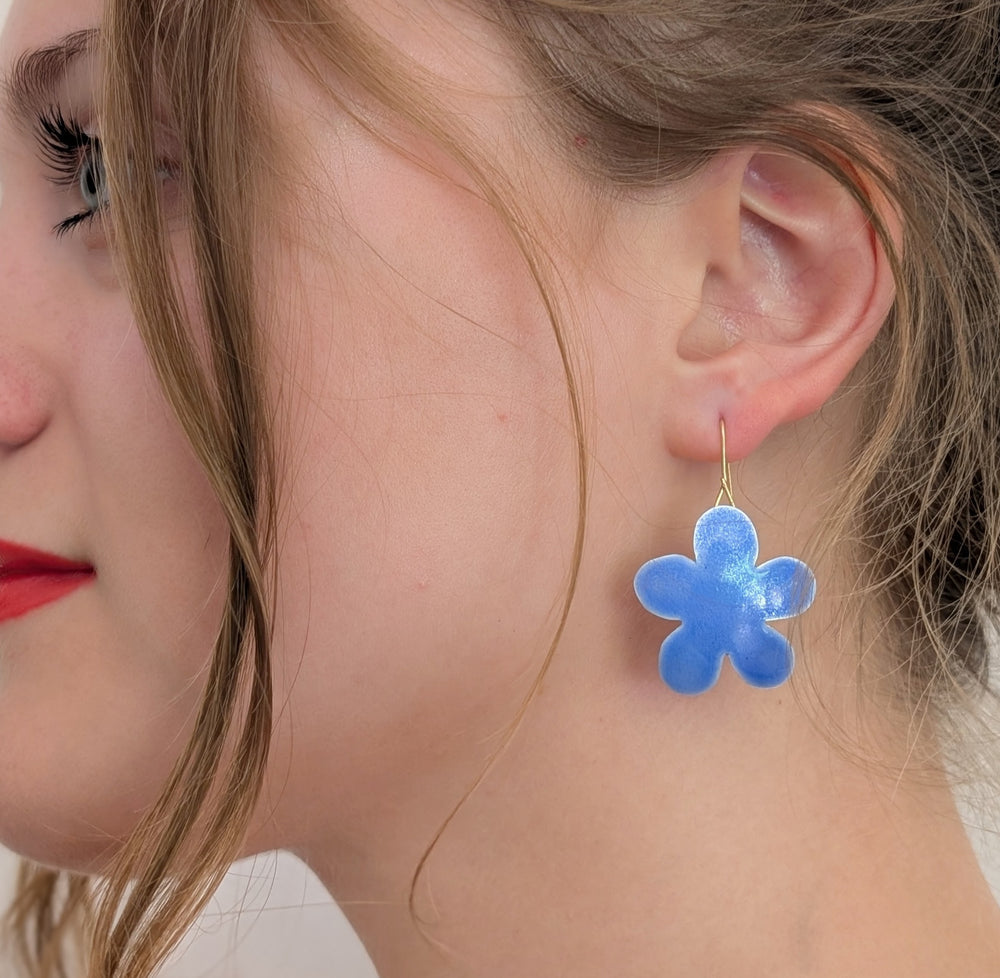 Large Blue Cheeky Flower Earrings