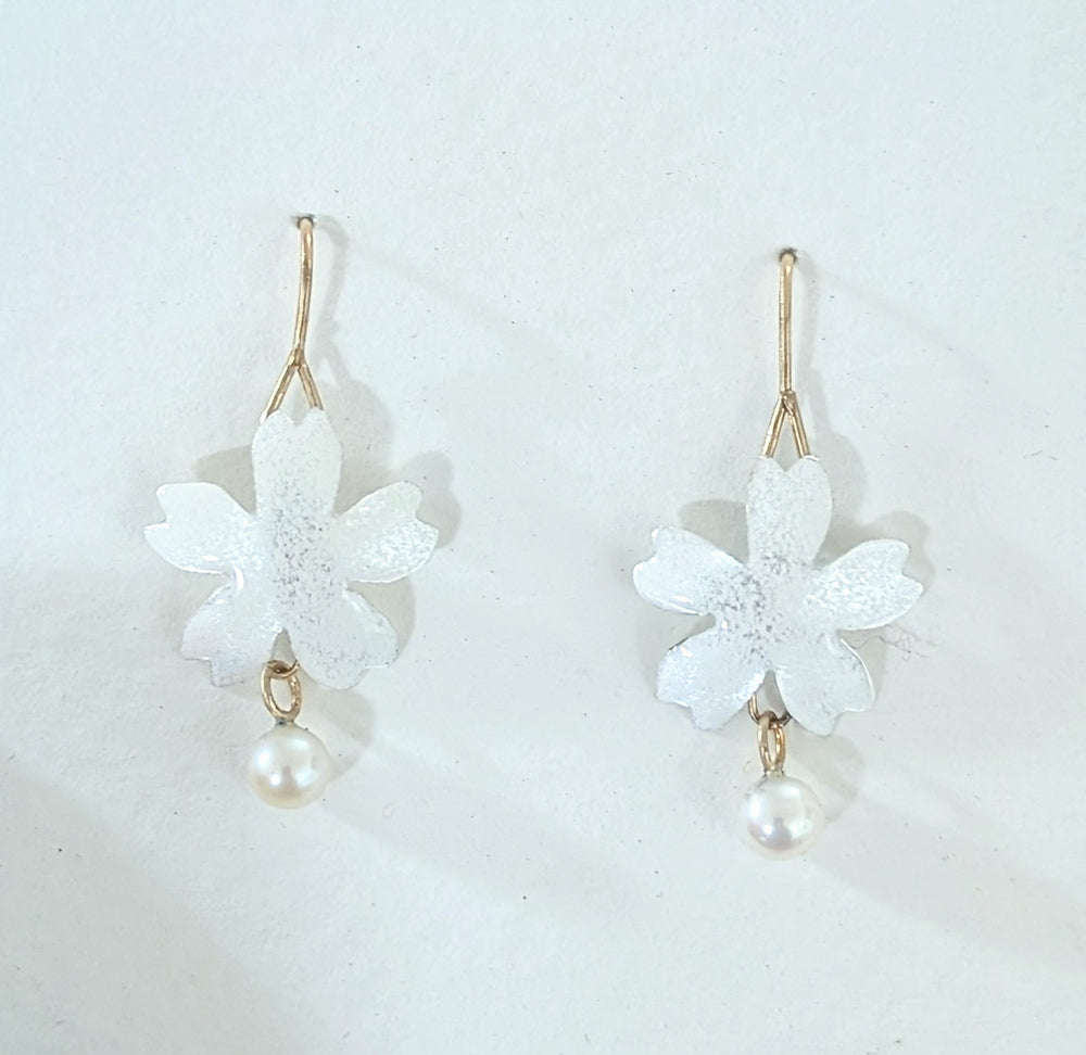 White Cherry Blossom Earrings With Pearls