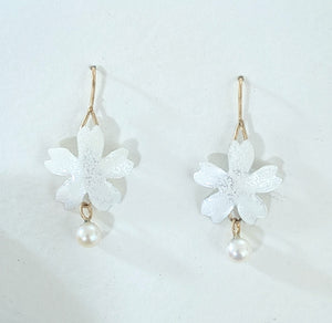 White Cherry Blossom Earrings With Pearls