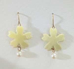 Pale Yellow Cherry Blossom Earrings With Pearls