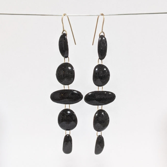 5 link black enamel oval and circles earring on gold wire