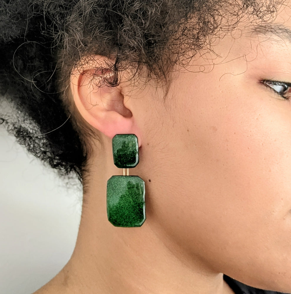 
                
                    Load image into Gallery viewer, Large Emerald Green and Gold Earrings
                
            